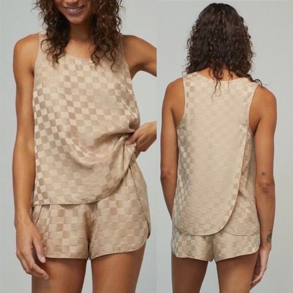 Lunya Silk Checkered Jacquard Silk Short Set Beige Tan Gold Plus Size 1X - Picture 1 of 16